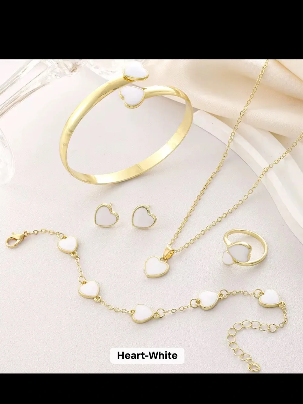 Gold-Plated White Heart Jewelry Set - Necklace, Bracelet, Earrings, Ring, Bangle